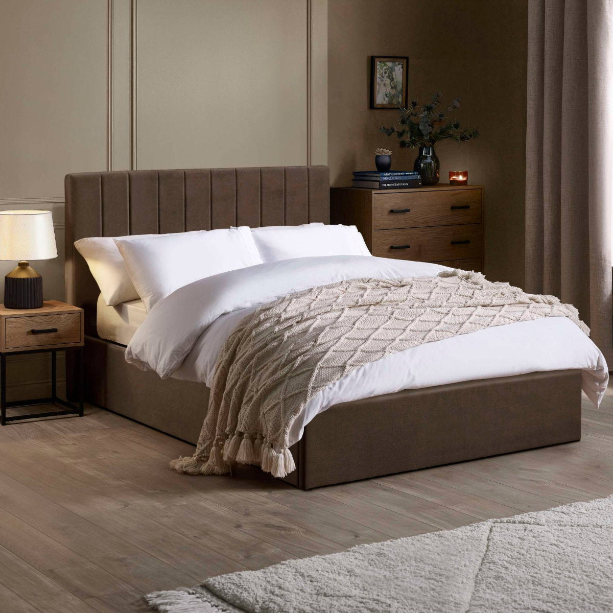 Ventanas Chocolate Velvet Double Ottoman Bed