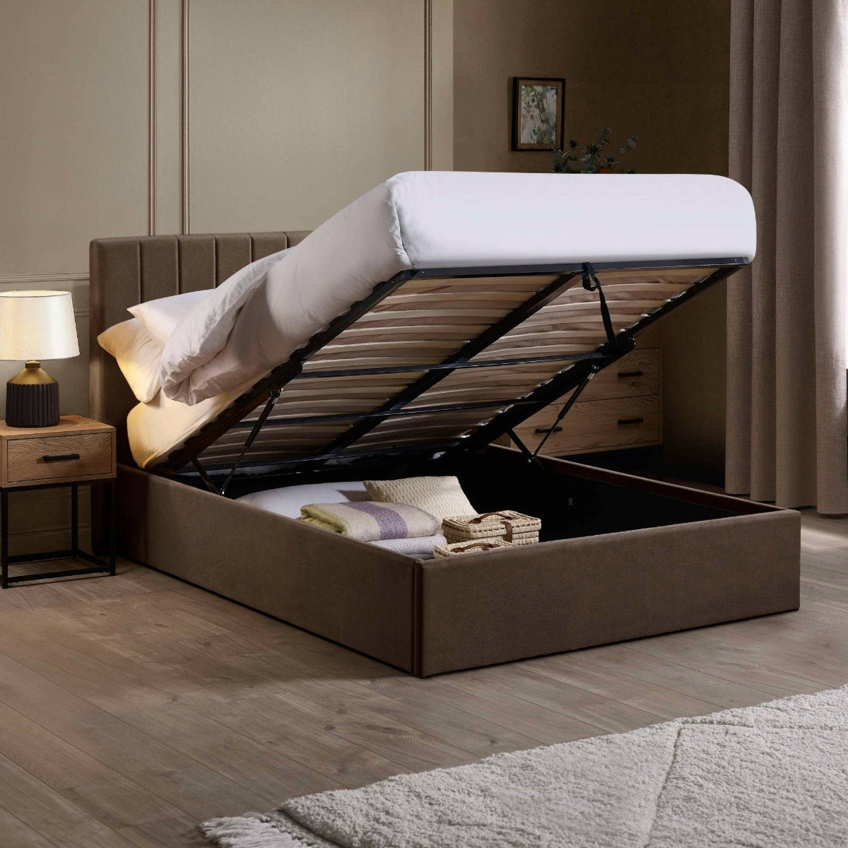 Ventanas Chocolate Velvet Double Ottoman Bed