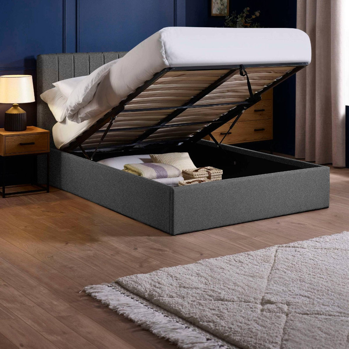 Ventanas Dark Grey Linen Double Ottoman Bed