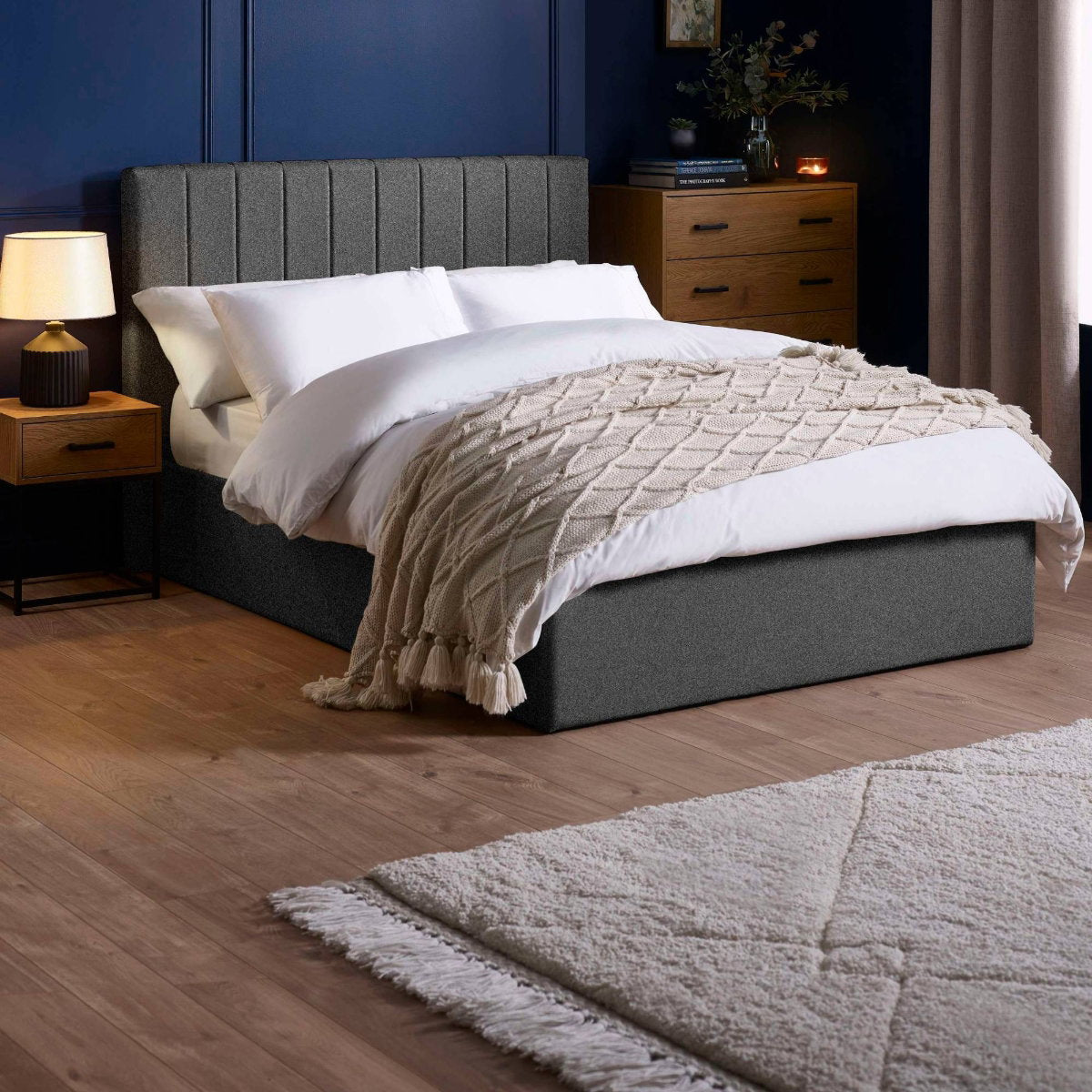 Ventanas Dark Grey Linen King Size Ottoman Bed