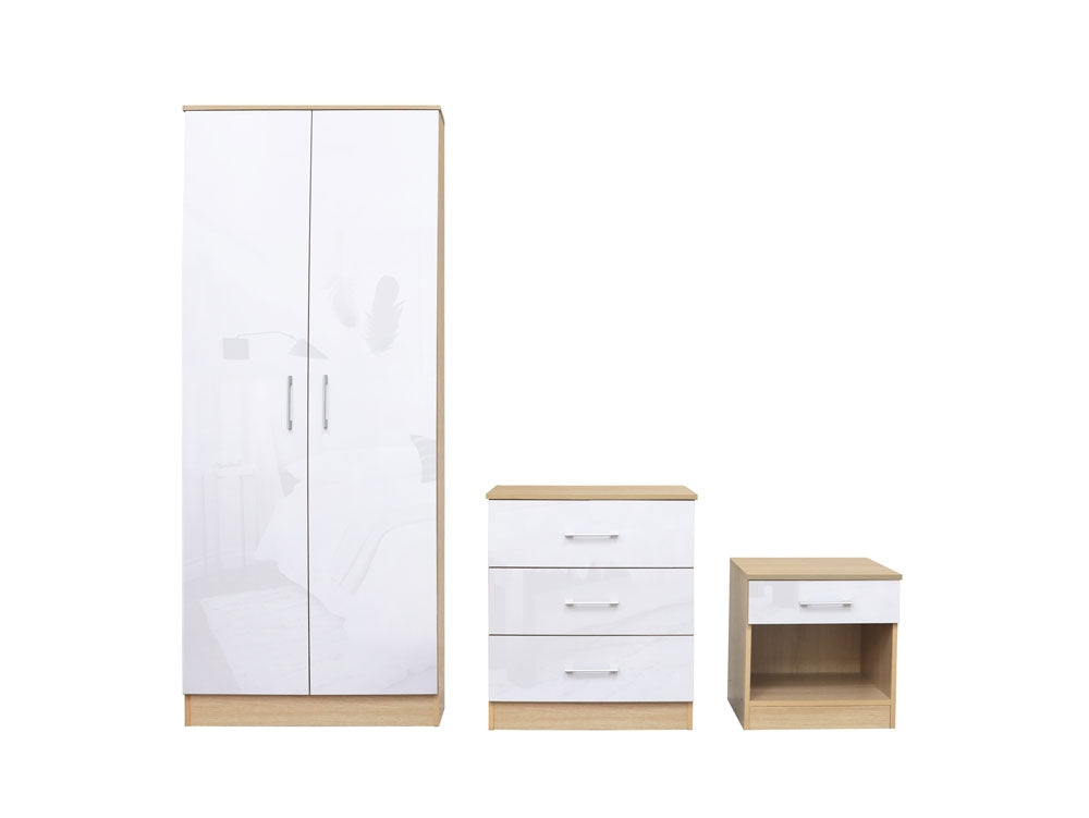 Daytona Oak And White High Gloss Trio Bedroom Set