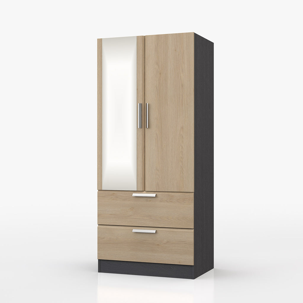 Waterford Graphite And Oak 2 Door 2 Drawer Wardrobe With Mirror