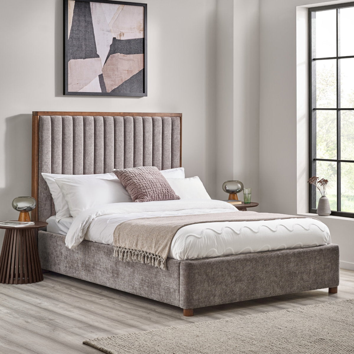 Whitemeadow Grey Upholstered King Size Bed Frame in a bedroom