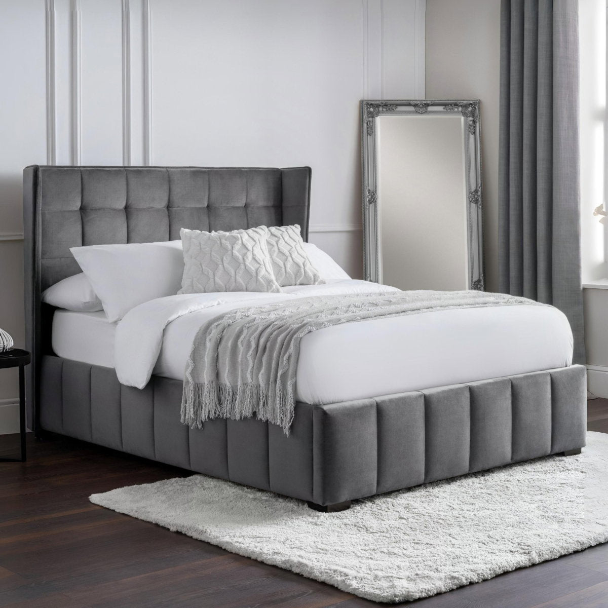 Yucatan Grey Velvet Double Bed Frame in a bedroom