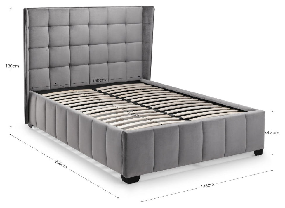 Yucatan Grey Velvet Double Bed Frame dimensions