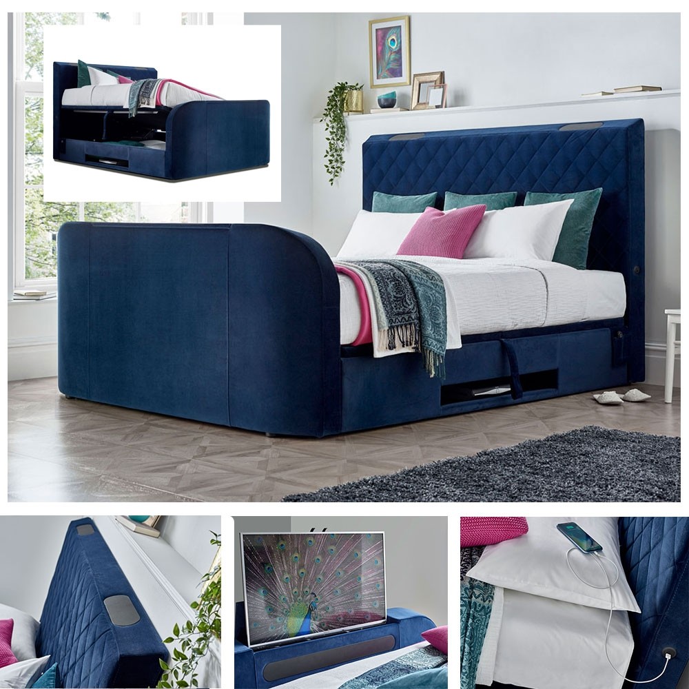 Blue Velvet King Size Ottoman TV Bed The Bed Warehouse Direct