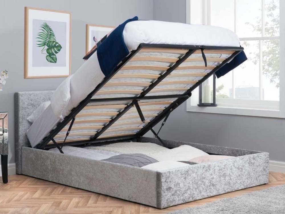 Crushed velvet bed with store lift up storage