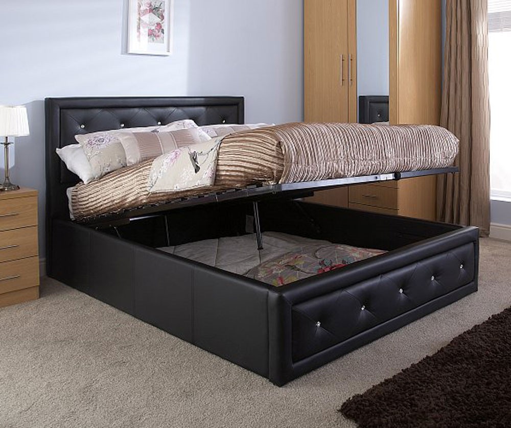 Holly Black Double Ottoman Storage Bed, Small Leather Ottoman Storage