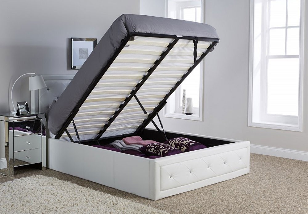 Holly White Double Ottoman Storage Bed, White Leather Bed With Storage