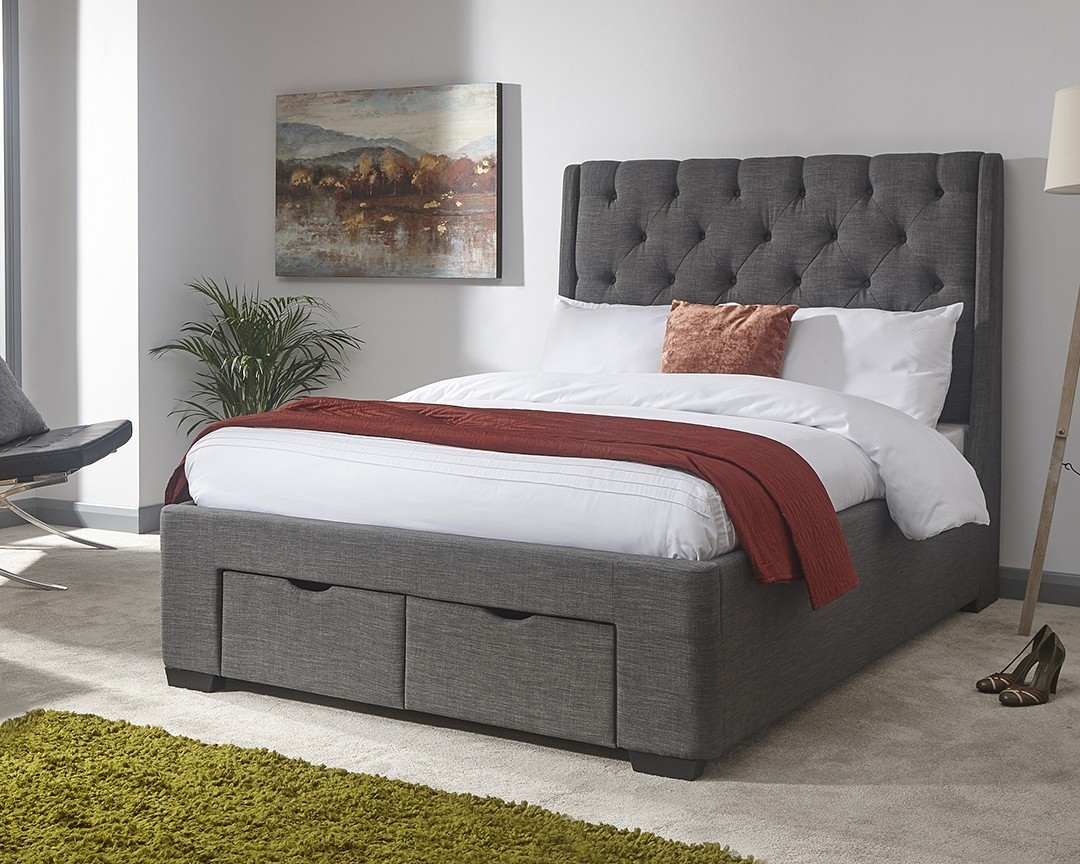 Colne Grey King Size Bed Frame With Drawers, Grey King Size Bed Frame