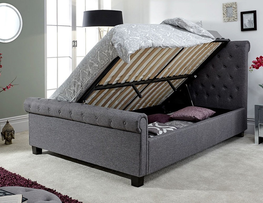 Lyla Charcoal Hopsack Double Ottoman, Charcoal Bed Frame With Storage
