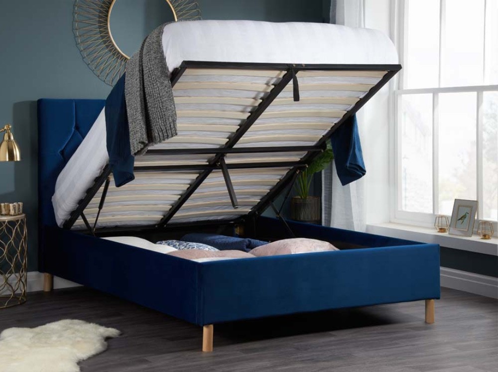 Locksley Blue King Size Ottoman Bed Frame, Navy Bed Frame With Storage