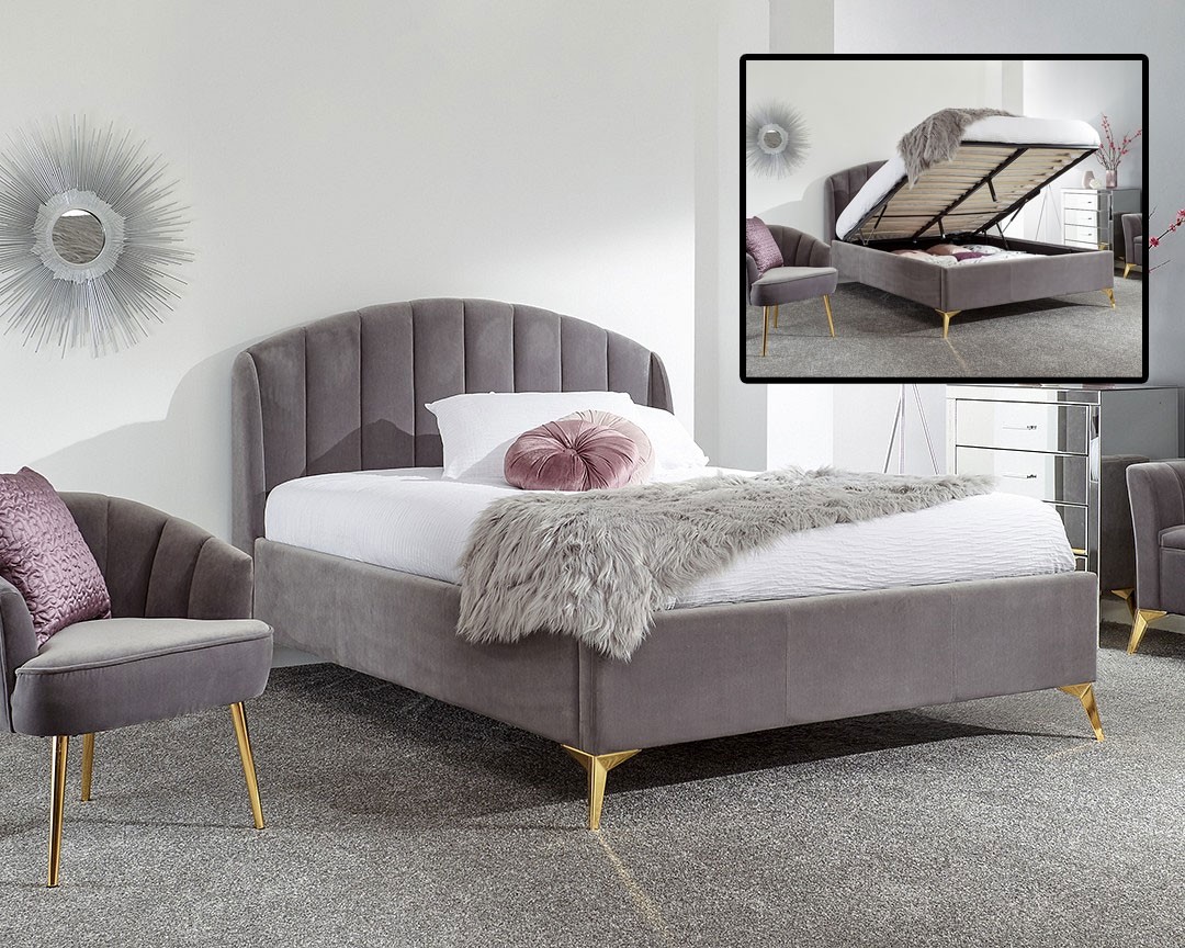 Petal Plush Grey King Size Ottoman Bed, Plush King Bed