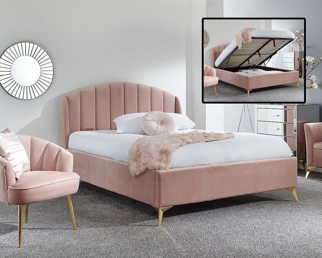 Petal Plush Pink King Size Ottoman Bed, Plush Bed Frame