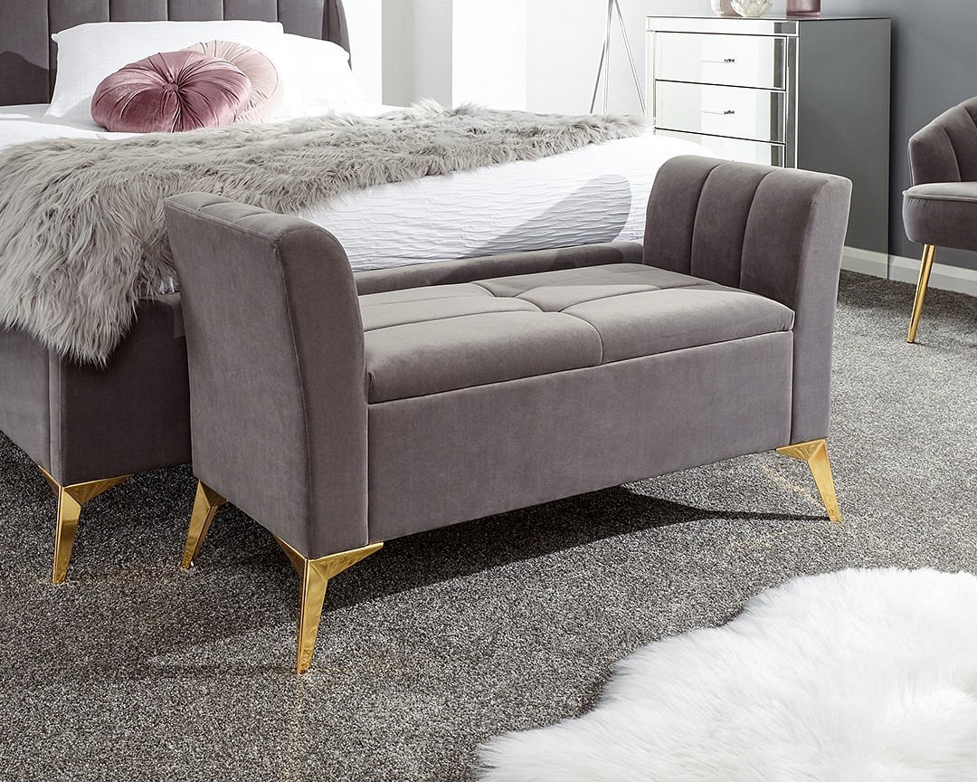 Petal Plush Grey Storage Bench, Storage Bench With Arms For Bedroom