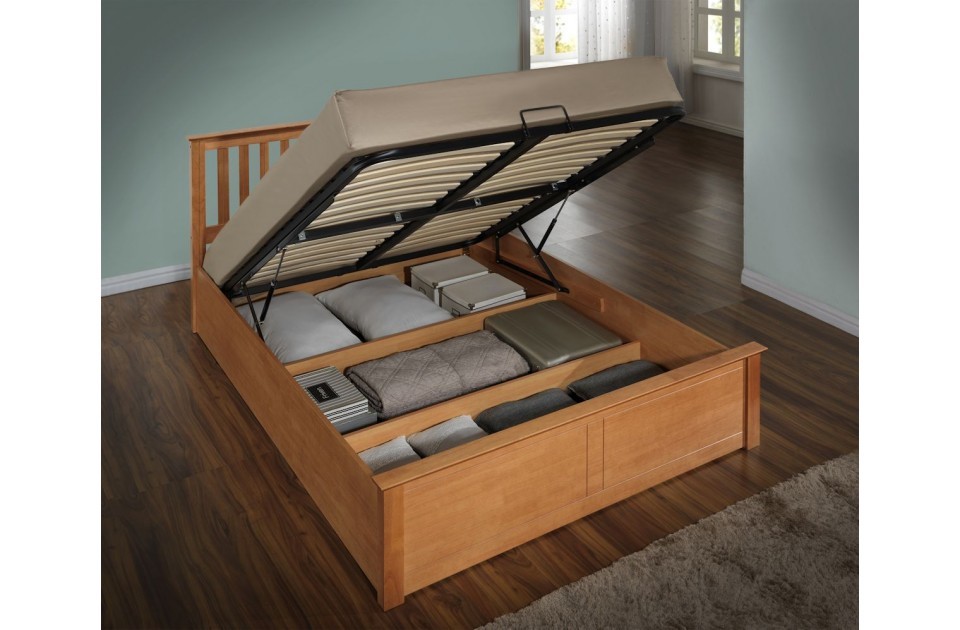 Flame Oak Double Ottoman Storage Bed Frame, Bed Frame With Pull Up Storage