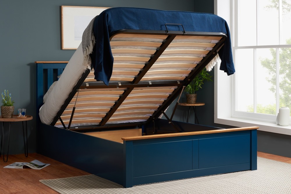 Deep Blue Double Ottoman Storage Bed Frame, Blue Double Bed Frame