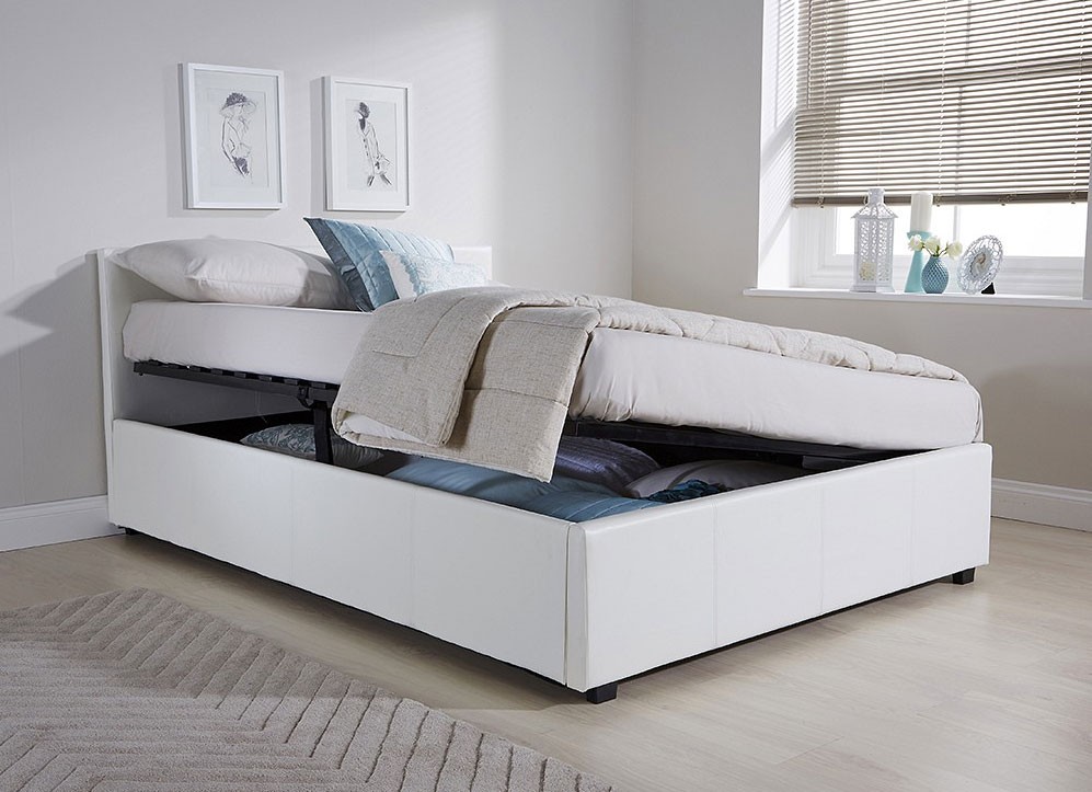 Side Lift Ottoman Storage King Size Bed, White Faux Leather Ottoman With Storage