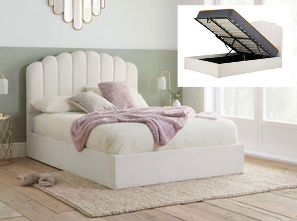 Moon White Teddy Fabric Double Ottoman Bed Frame